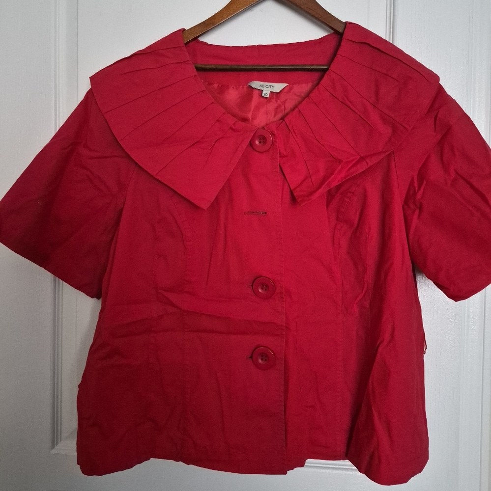 Red Button-Up Blazer with Pleated Collar